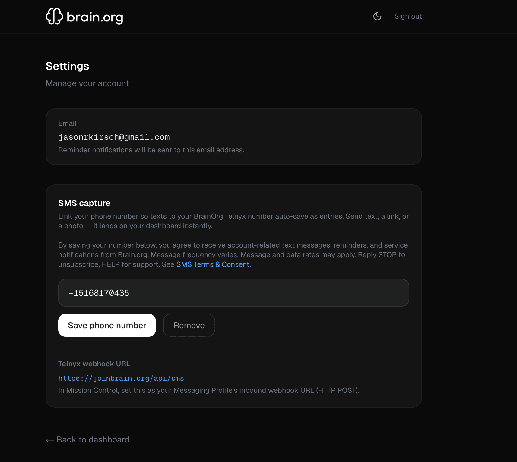 The SMS capture section in Hippo Settings (desktop), showing the phone number field and the consent language displayed above it before saving